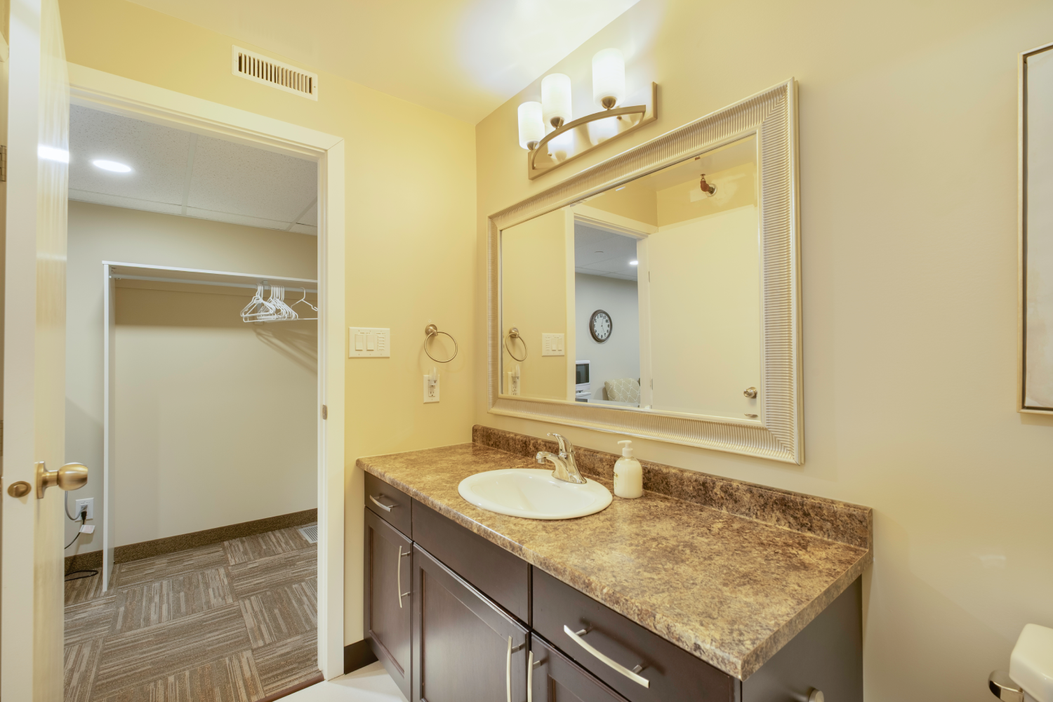 Bathroom vanity with a white sink, dark brown cabinets, and a large mirror with a light beige frame.